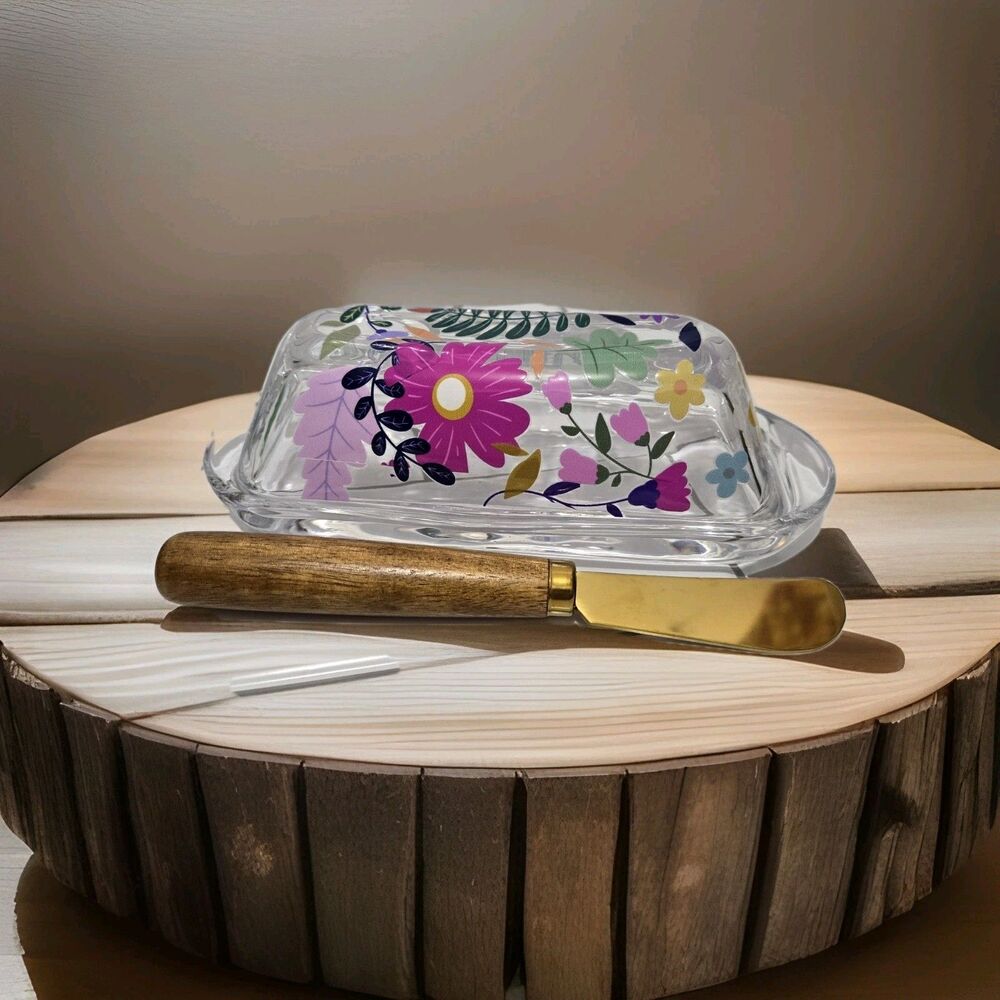 Hand Decorated Clear Glass Covered  Butter Dish With Lid 7.25” X 2” W Spreader